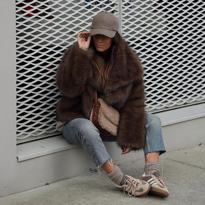 Autumn and winter new versatile imitation fur top fashionable large lapel fur coat women's fur coat
