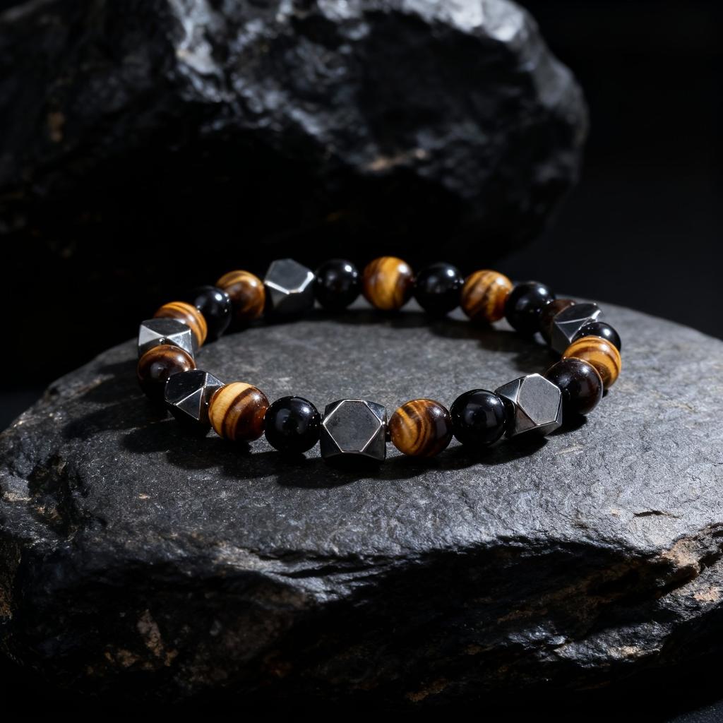 0.31 Inch Natural Stone Beaded Bracelet for Men, Tiger Eye Hematite Punk Protective Bracelet
