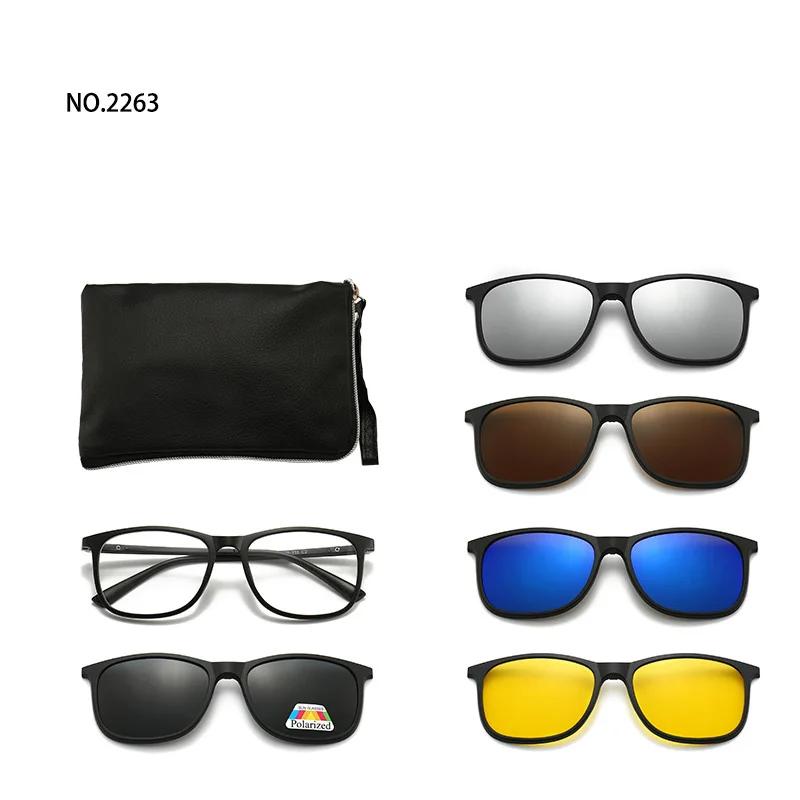 6 In 1 Spectacle Frame Men Women With 5 Pcs Clip On Polarized Sunglasses Magnetic Glasses Male Computer Optical 2201
