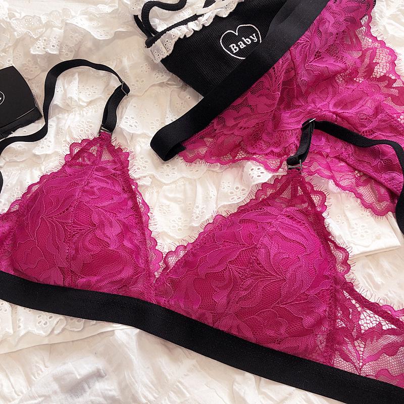 Set intimo sexy per donna Set reggiseno senza ferretto Set reggiseno push up con coppa triangolare in pizzo francese Lingerie romantica con colori di giunzione