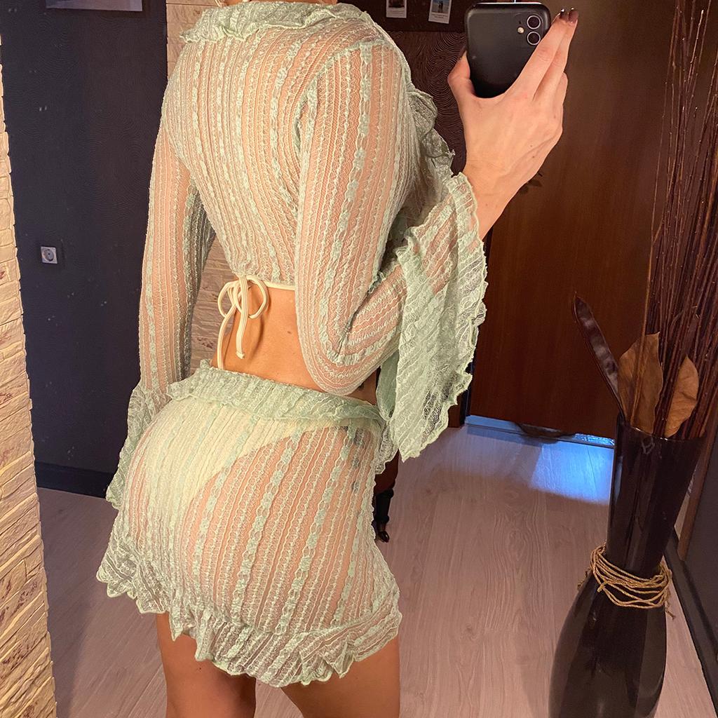 4PCS Halter With Sarong Long Sleeve Bikini Female Swimsuit Women Swimwear Four-pieces Bikini Set Bather Bathing Suit Swim V6338B