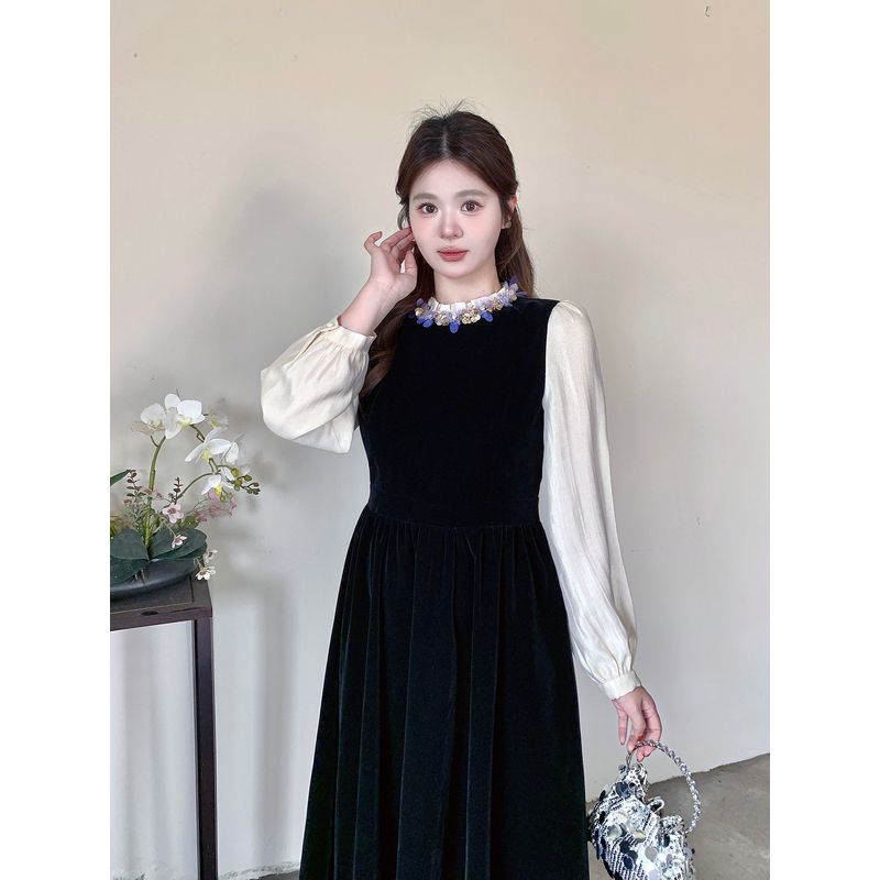 Plus-Size Hepburn-Style Velvet Dress for Women, French-Style Autumn and Winter Black Long-Sleeve Gown