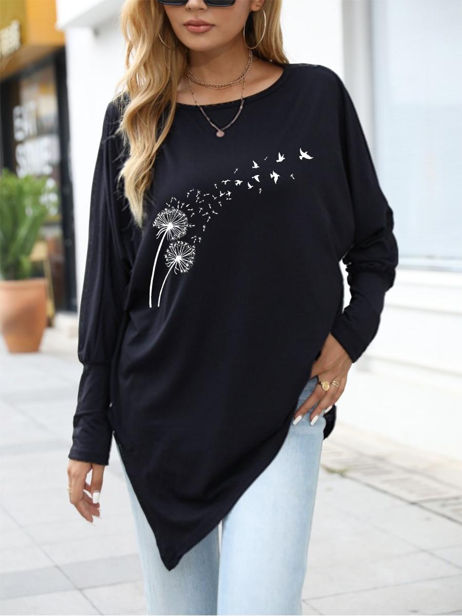 

Women s Oversize Long-Sleeve Fashion Printed Logn Sleeve Top Spring/Fall Asymmetrical Hem T-Shirt S