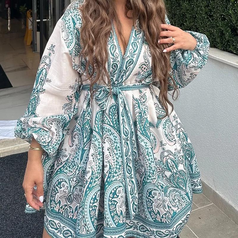 Damen Retro Nationalstil Laternenärmel V-Ausschnitt Print Kurzes Kleid