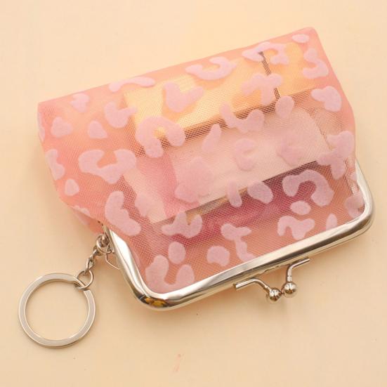 Kiss-lock Coin Purse for Girls Women, Mini Nylon Change Wallet with Keychain, Cute Sheer Leopard Print Coin Pouch for Cash Key