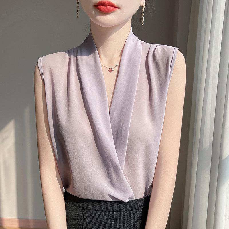 

Летняя женская модная футболка без рукавов с V-образным вырезом в французском стиле 2025 L