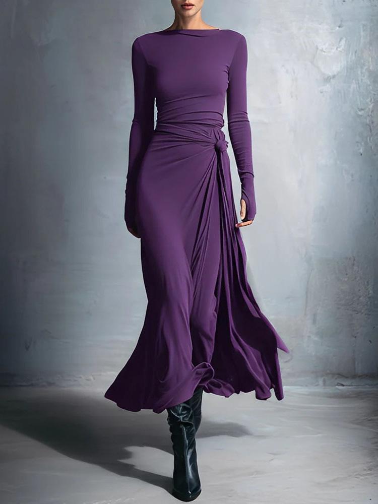 2025 Women's Autumn/Winter Solid Color Long Sleeve Wrap Dress with Knot Detail