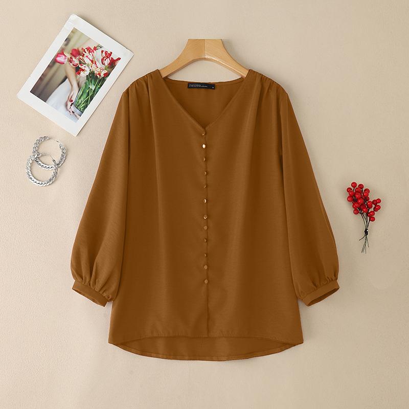 ZANZEA Women Casual V-Neck Solid Color 3/4 Sleeve Loose Blouse
