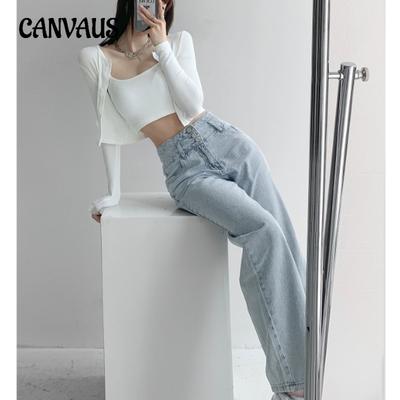 Pantalones vintage de talle alto con botones para mujer, pantalones sueltos rectos de pierna ancha