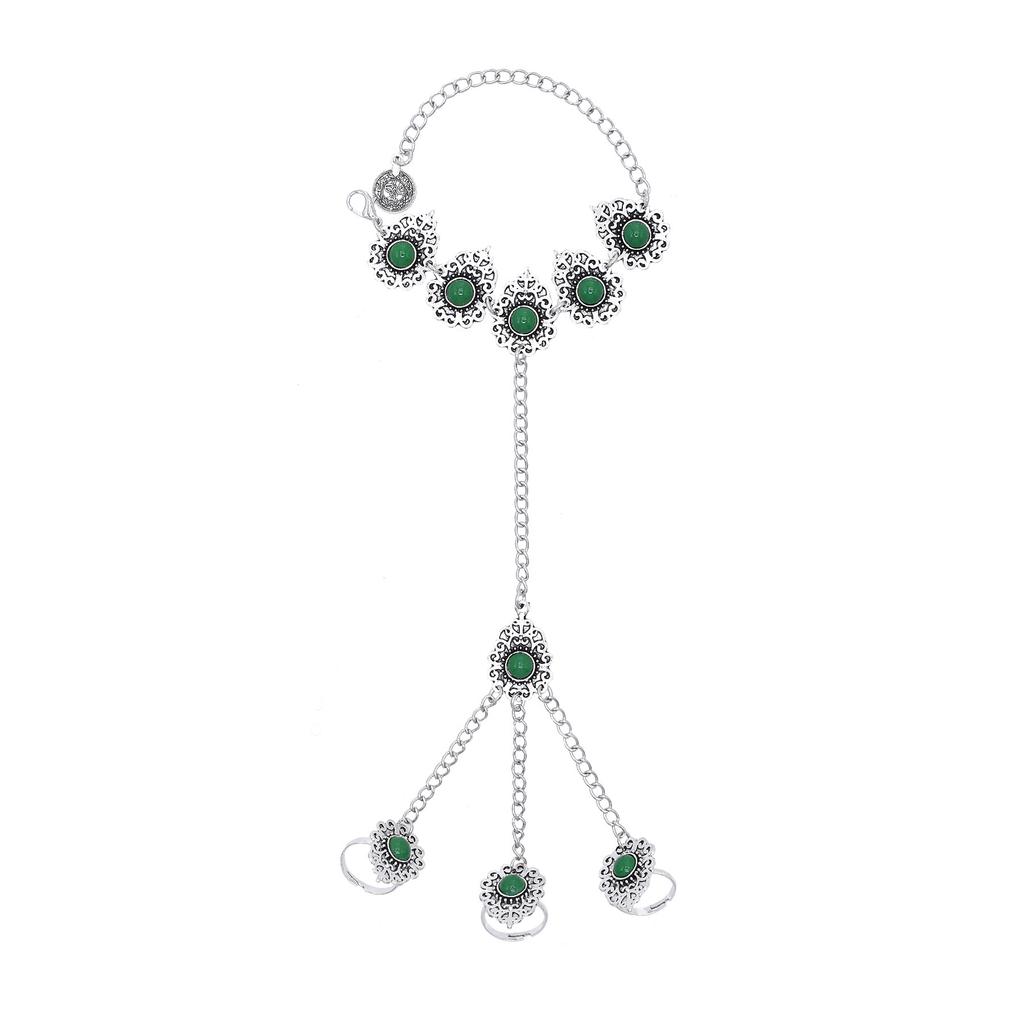 Vintage Silvery Long Chains Finger Pulling Bracelet Alloy Carving Flower Round Acrylic Gem Boho Ethnic Women's Bracelet Jewelry