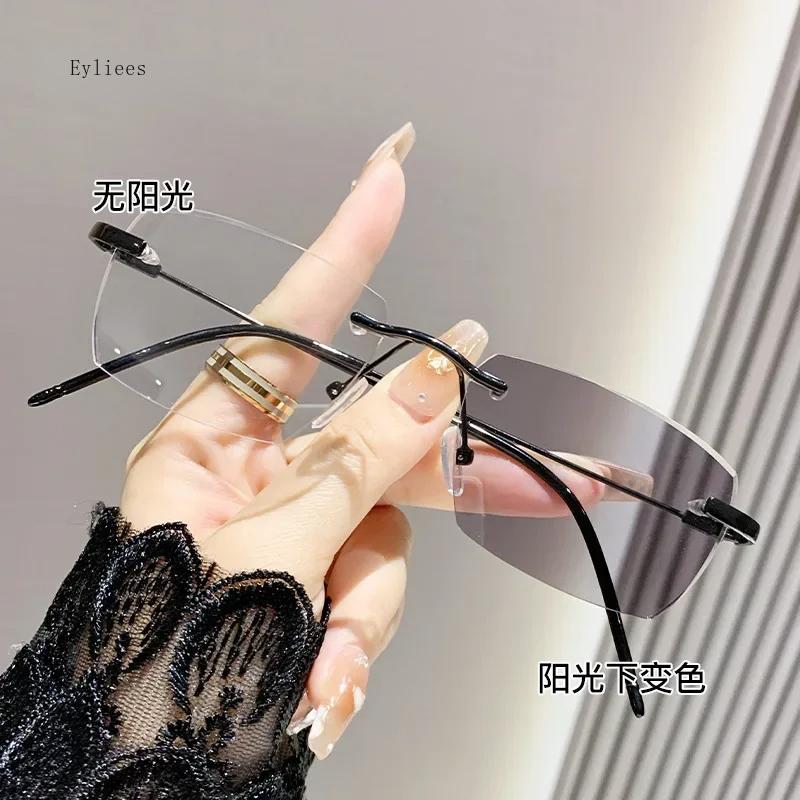 Smart Outdoor Photochromic Myopia Glasses Women Men Rimless Anti Blue Light Near-sighted Finished Diamond-cut Eyeglasses Diopter