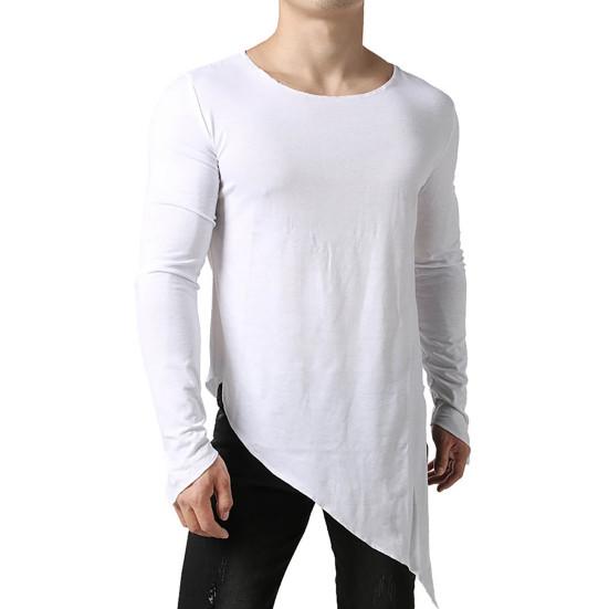 Herren T-Shirt Langarm Einfarbige Unregelmäßiger Saum Pullover Streetwear Warm Seitenschlitz Langer Stil Herren Frühlingstop Männliche Kleidung
