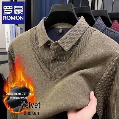 Men's Fleece-Lined Faux 2-Piece Shirt Collar Sweater