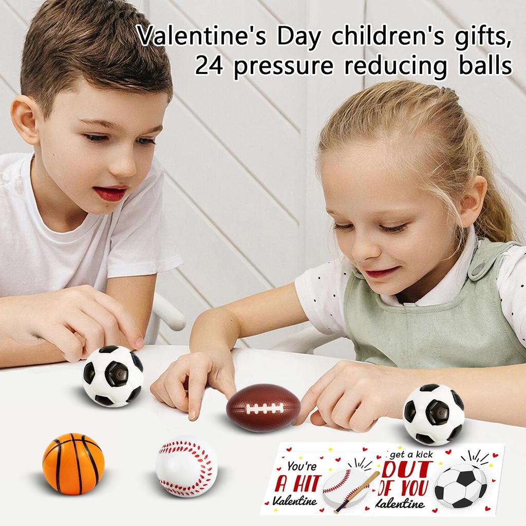 Alla hjärtans dag Barnpresent: Ett paket med 24 stressbollar med ett gratis Alla hjärtans dag-kort, lämpligt för både pojkar och flickor.