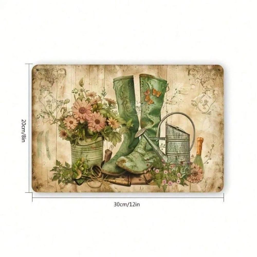Vintage Metal Tin Sign, Garden Tools with Rubber Boots, 8x12 Inch Wall Decor for Gardeners
