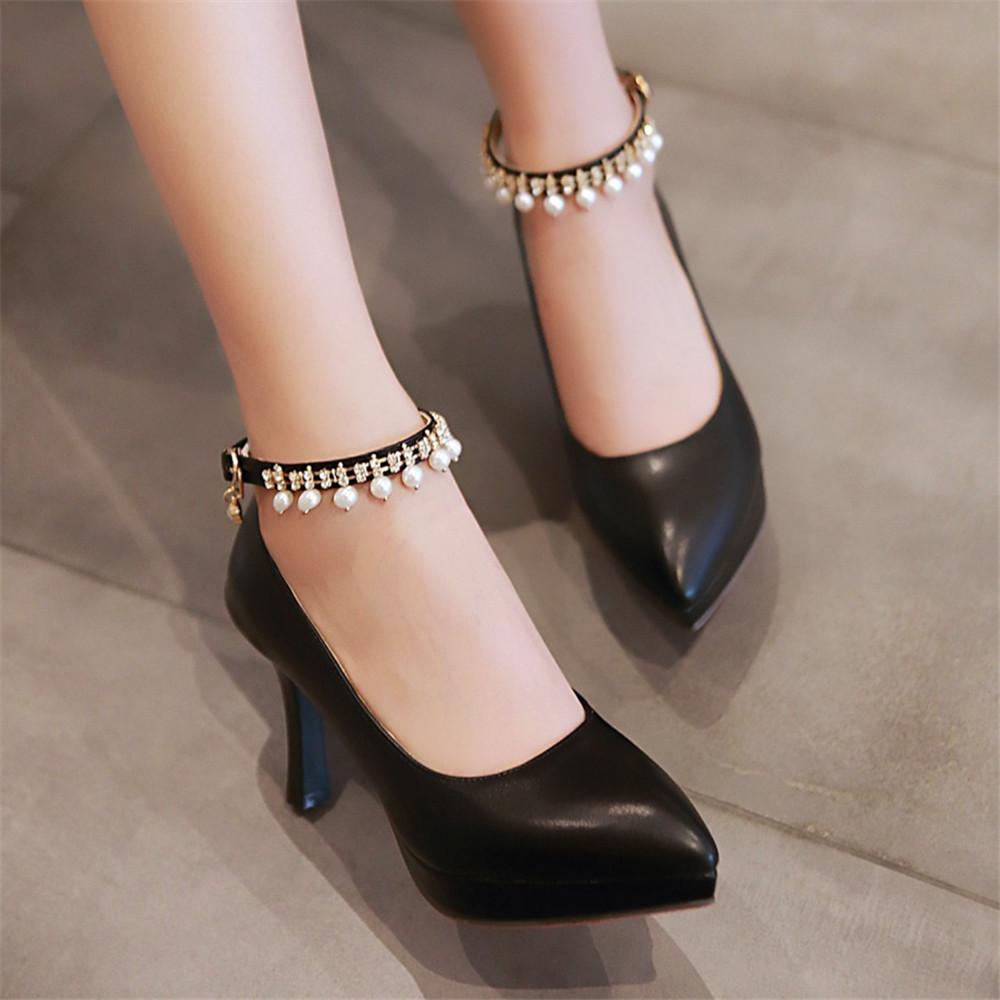 Fashion Women Pointed Heels Female Beaded Ankle Strap High Heel Shoes Platform Bottom Pumps Woman White Dress Wedding Shoes Size 33-43