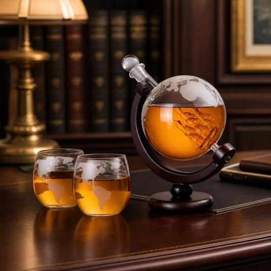 Welt Erde Karaffe Set, 850ml Schiff Whiskey Karaffe mit 2 Gläsern, Holzständer Rotierender Weinspender, Geschenk für Männer Papa
