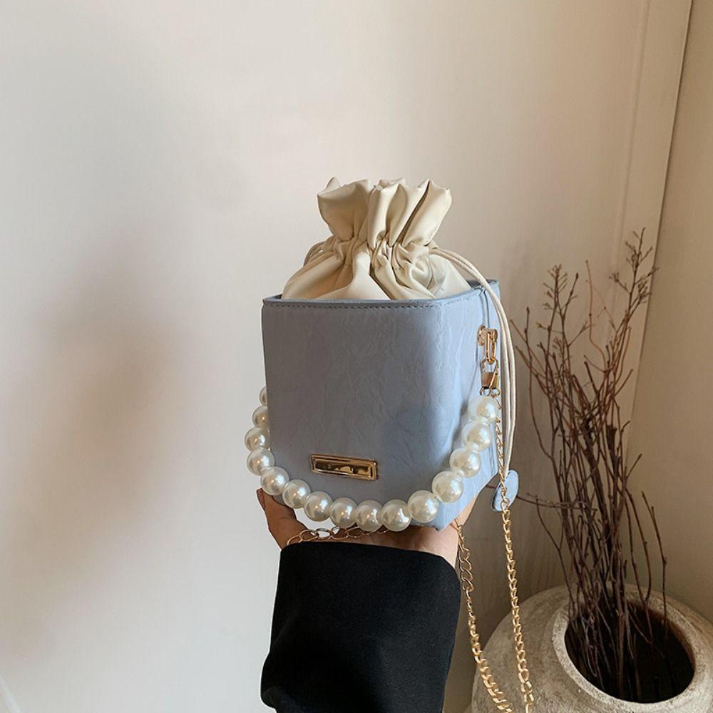 Square Drawstring Crossbody Bag Pearl Luxury Shoulder Bag Trendy Women Bucket Bag  Outdoor