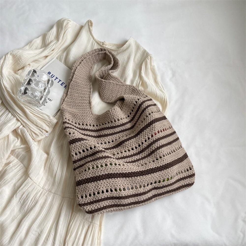 Striped Pattern Woven Shoulder Bag Bohemian Hollow Out Beach Bag New Knitted Tote Bag  Versatile