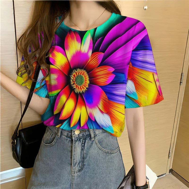 Summer Round Neck 3D Colorful Flowers Pattern Print Top Fashionable Casual Short Sleeved Women's T-shirts