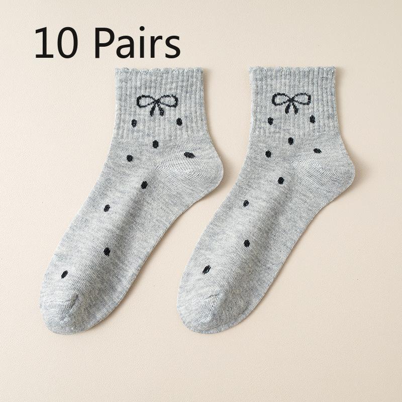 10 Pairs of Female Autumn and Winter Lovely Polka Dot Bow Lace Mid Tube Socks