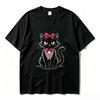 Black Cat Red Bow Blue Denim Overalls Print Tshirt Vintage Cute Kitten Graphic Summer Casual Short Sleeve Tee Harajuku Y2k Top