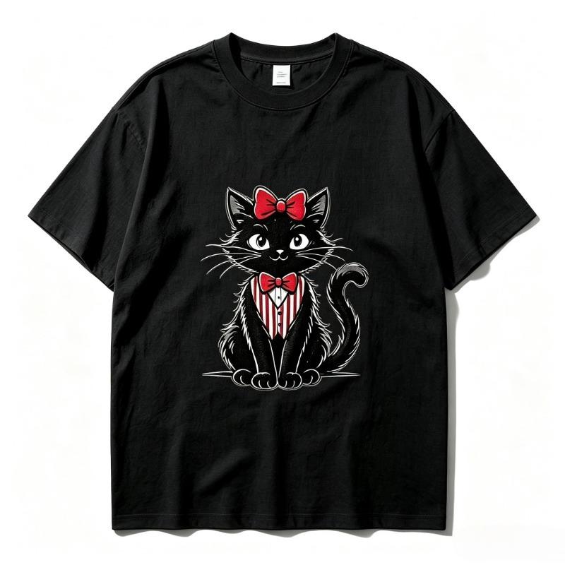 Black Cat Red Bow Blue Denim Overalls Print Tshirt Vintage Cute Kitten Graphic Summer Casual Short Sleeve Tee Harajuku Y2k Top