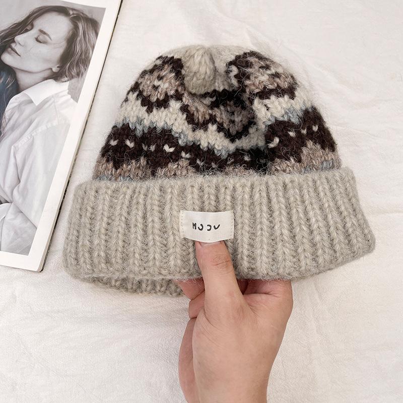 New Fair Isle Style Knitted Hat for Women in Autumn and Winter Loose Large Head Circumference Cold Hat Warm Ear Protection Hat Revealing Face Wool Hat