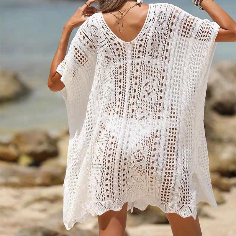 Short Sleeve Plus Size Knitted Sexy Hollow New In Dresses for Women Casual Loose Mini Summer Beach Dress