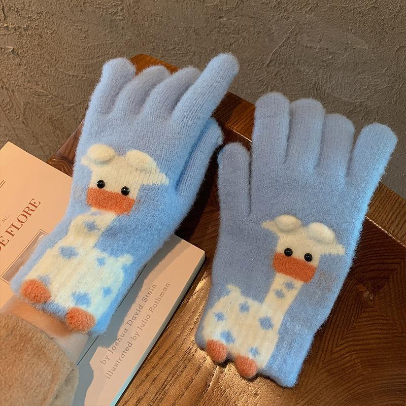 Cartoon Thermal Gloves Women Winter Thickened Cute Couple Student Cold Knitted Wool Riding Five Fingers