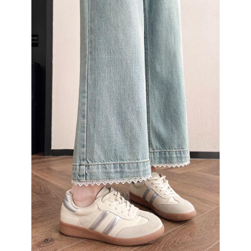 Women's Summer 2026 Lace Trim Wide Leg Denim Jeans - Petite Slimming Straight Fit Nine-Point Pants