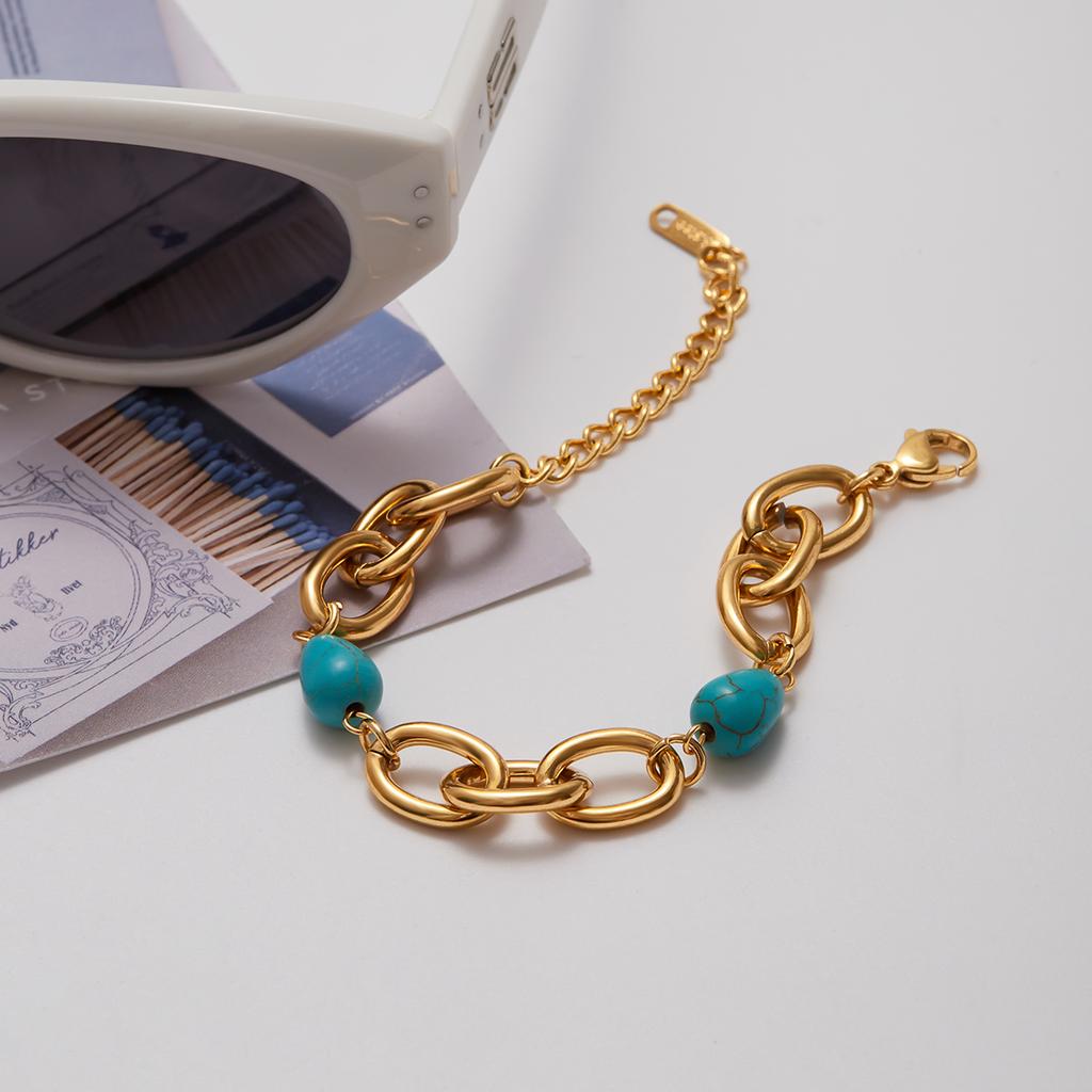 Youthway Retro - Style Blue Turquoise Bracelet With Stainless Steel 18K Gold Color - Plated O - Chain Design For Women