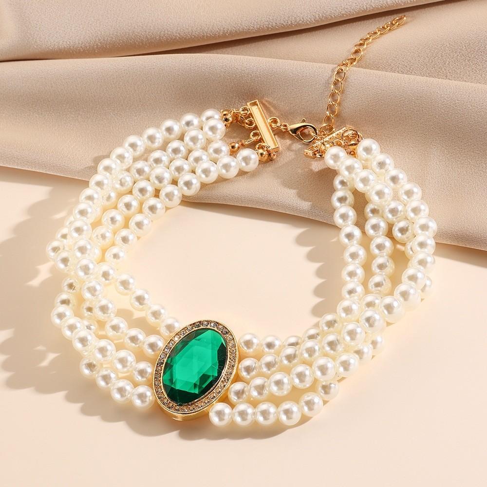 

Palace Multi Elegant Layered Simulated Pearl Gemstone Necklace Neck Accessory зелёный