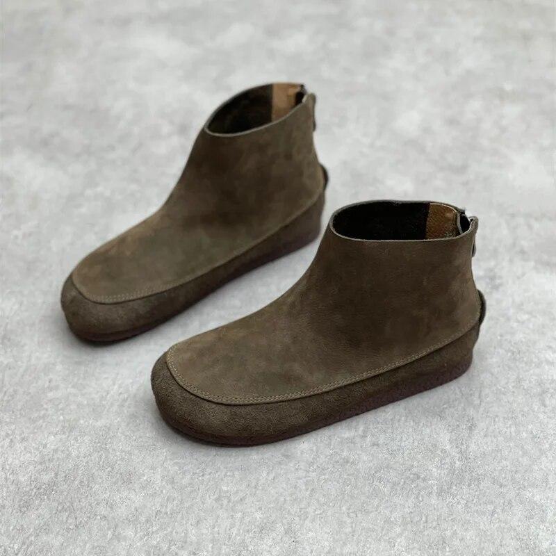 Johnature Stivaletti corti da donna in vera pelle punta tonda scarpe piatte comode casual con suola morbida in pelle bovina