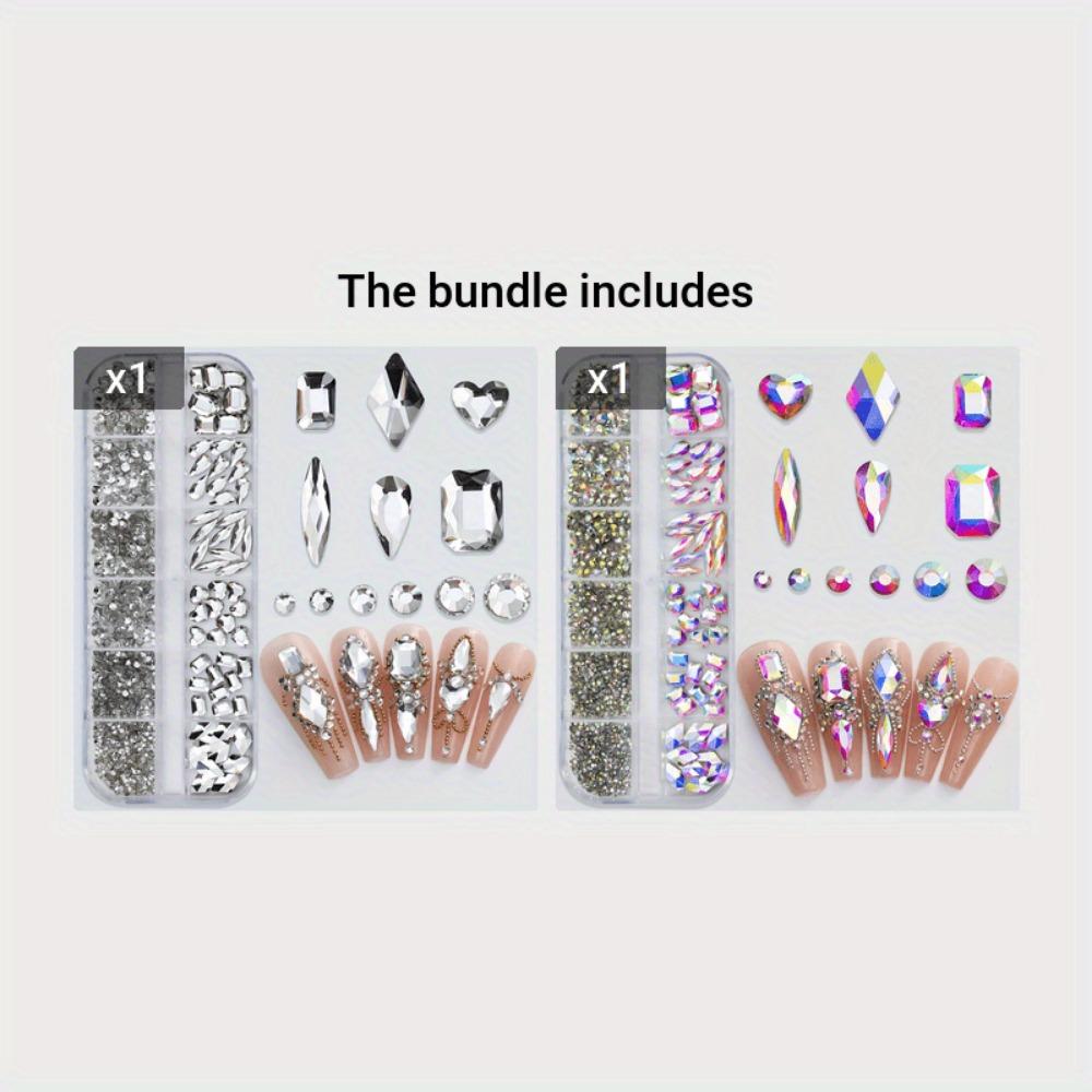 Get Your Nails Dazzling with 12-Grid White Flat-Bottom Rhinestones in Various Cute Shapes and Sizes!