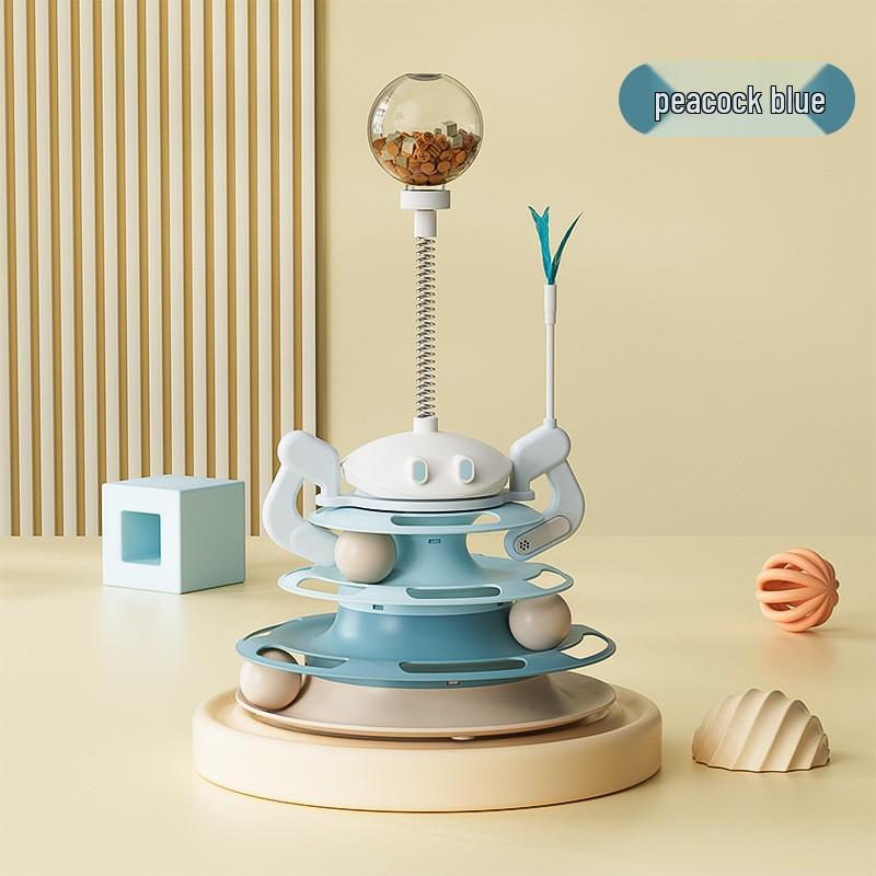 Four-Layer Cat Turntable Toy with Feather Teaser - Interactive Pet Entertainment.