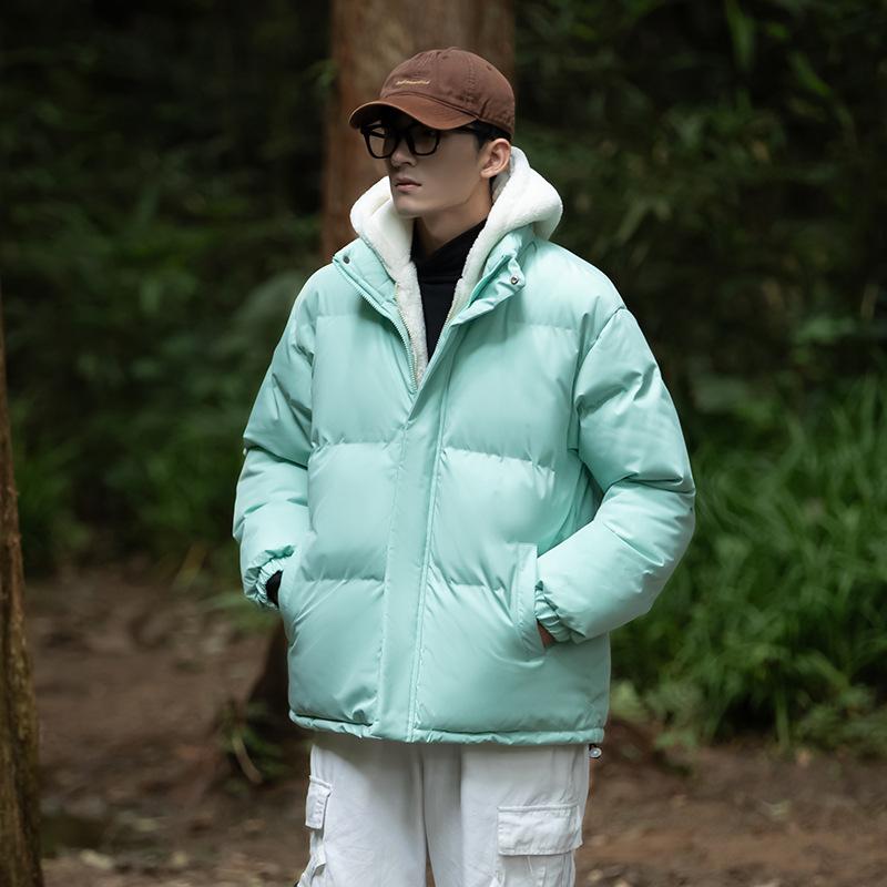 Exclusive for fake two-piece cotton clothes, men's winter trendy brand bread clothes, hooded thickened jackets, warm and loose cotton-padded clothes.