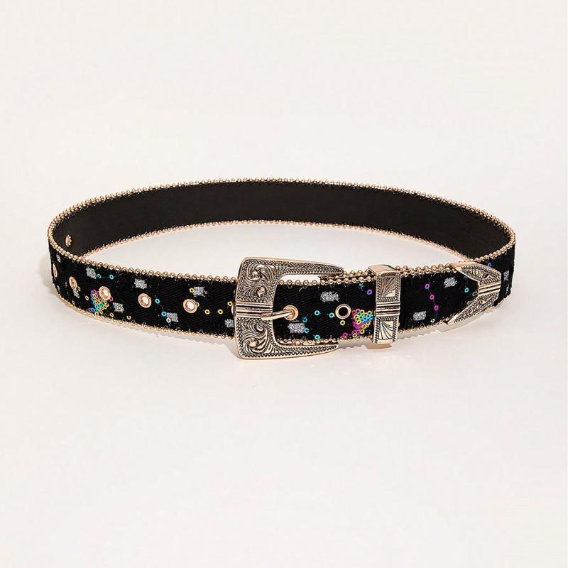 Bling Sequin Belts For Women Girl Fashion Pu Leather Belts Western Cowboy Y2K Retro Jeans Skirt Decor Waistband