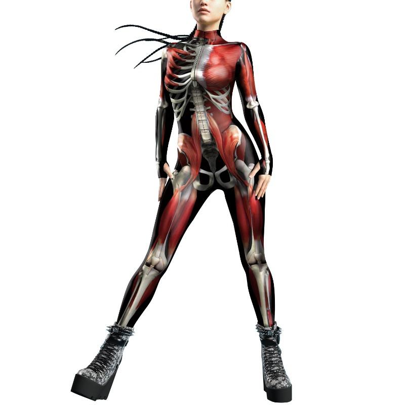 New Halloween Muscle Human Skeleton Digital Printing Button Hand Skinny Elastic Women's onesie Women's
