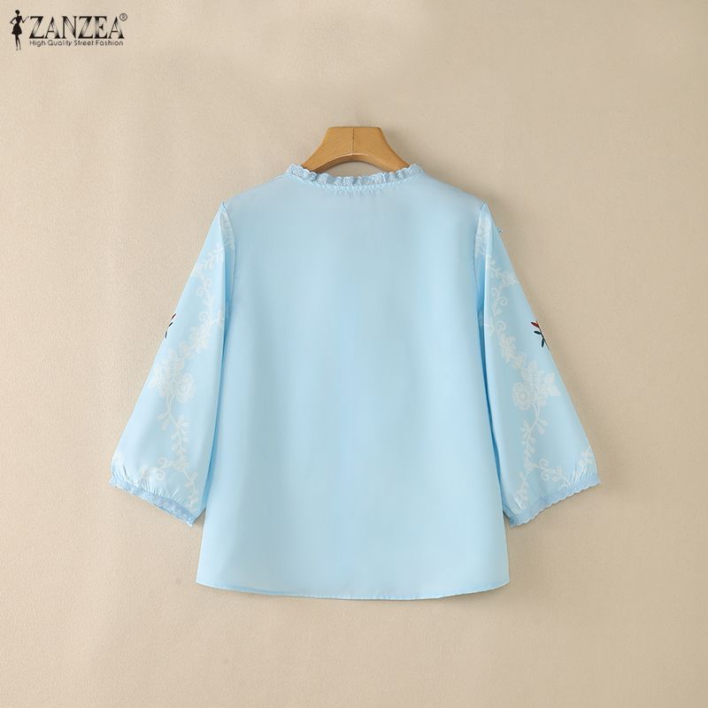 ZANZEA Women Summer Lace Splice V-Neck Floral Print Casual 3/4 Sleeve Blouse