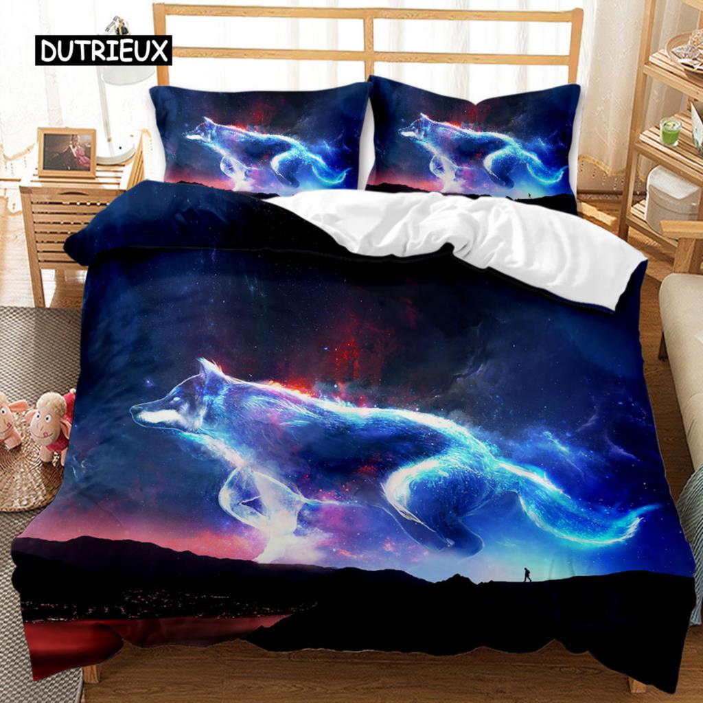 Wolf Duvet Cover Set 3D Animal Theme Bedding Set Retro Cool Wild Wolf Blue Sky Double Queen King Size Soft Polyester Qulit Cover
