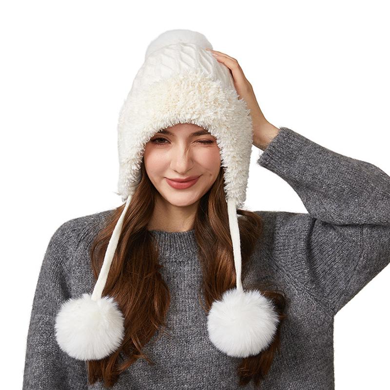 Autumn Winter Women's Three-Hair Ball Velvet Thick Cold Ear Protection Warm Knitted Cap