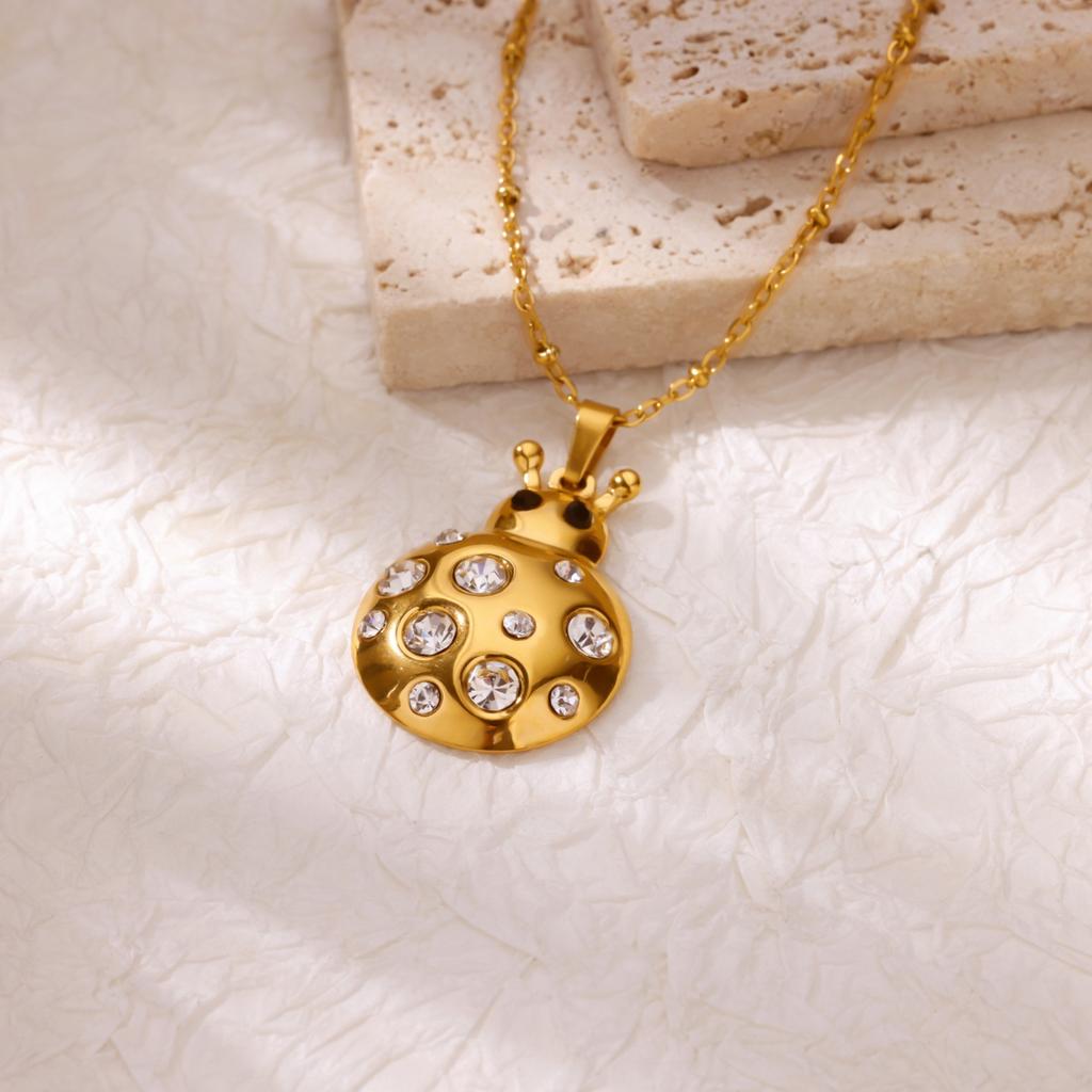 Zircon Ladybug Necklaces For Women Geometric Pendant Stainless Steel Gold Color Rainbow Ladybug Necklace Jewelry Gift