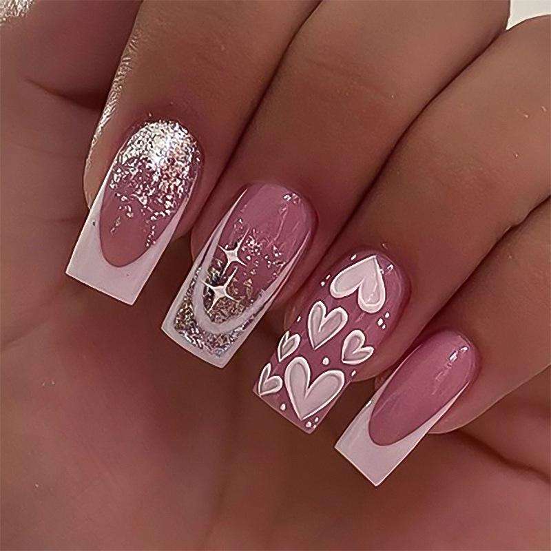 Silver glitter powder gradual change flash manicure medium and long square nail simple French white fake nail love wear nail