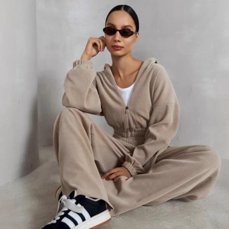 Womens Casual Two-Piece Set: Solid Color Long Sleeve Hooded Sweatshirt Elastic Waist Wide Leg Pants