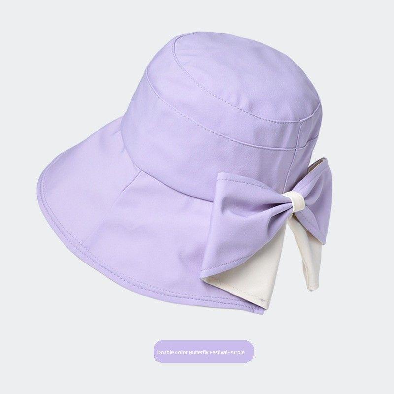 

8169 Two-Color Fashion Summer Outdoor Play Sunshade Sun Protection Hat Bow Fisherman Hat Easiest for Match Broad-Brimmed Hat Children Two-color Bows-purple