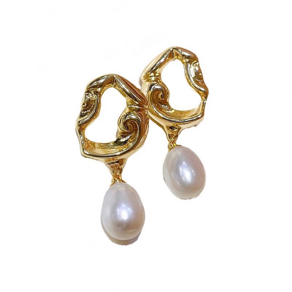 Water drop natural freshwater pearl stud earrings new ins French 14k gold injection retro lava stud earrings silver needle earrings women