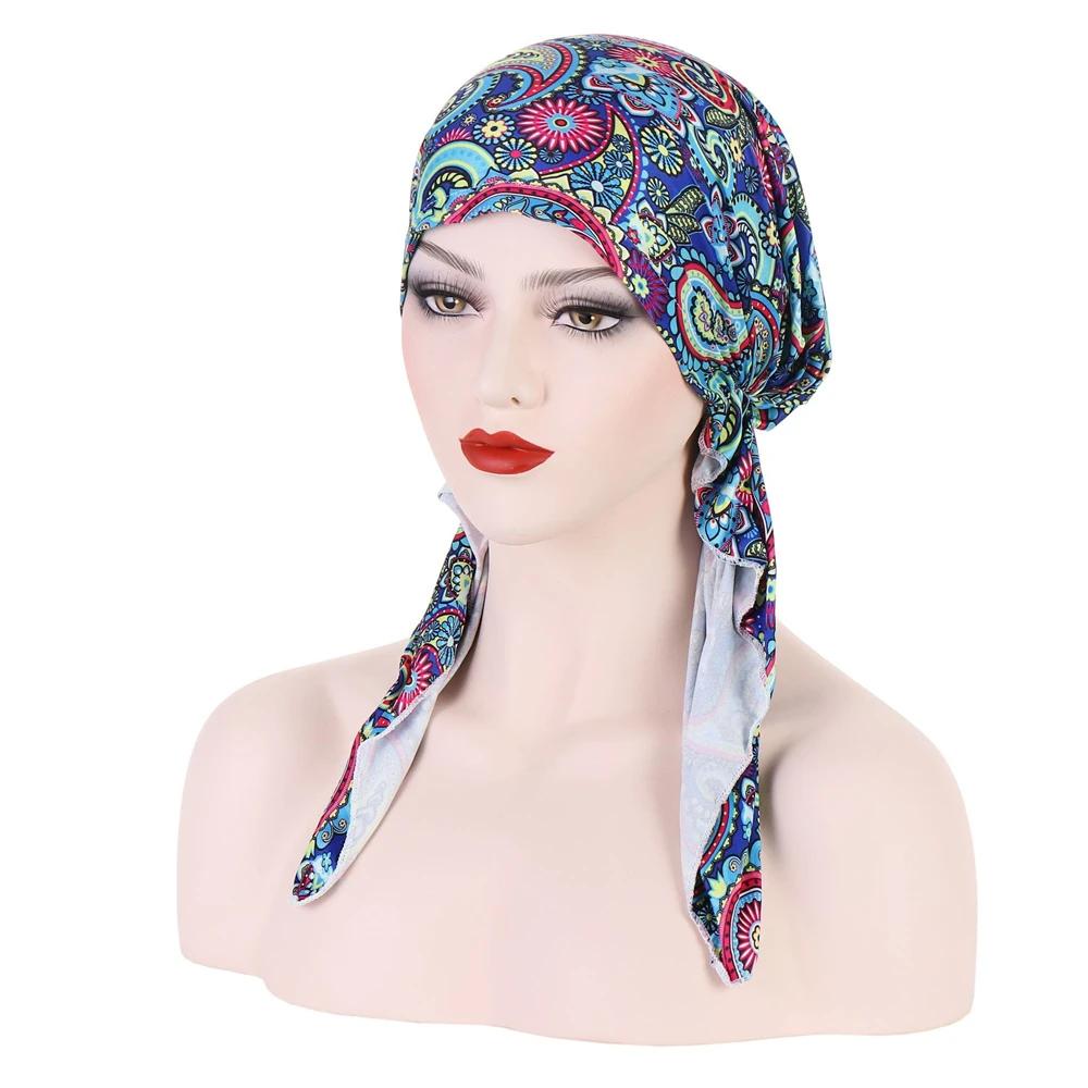 New Muslim Inner Hijab Turban Women Pre-Tied Cap Long Tail Headscarf Wrap Beanies Bonnet Head Scarf Stretch Headwear Ninja Hat