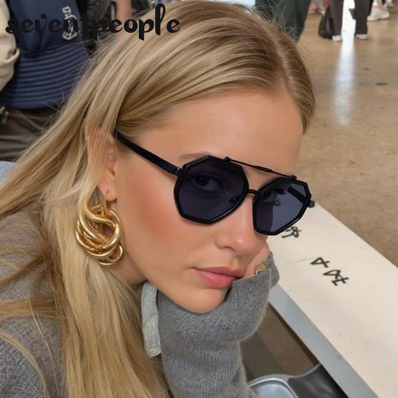 Classic Steampunk Octagon Sunglasses Women  Luxury Brand Vintage Polygon Double Beam Sun Glasses For Ladies Punk Eyewear