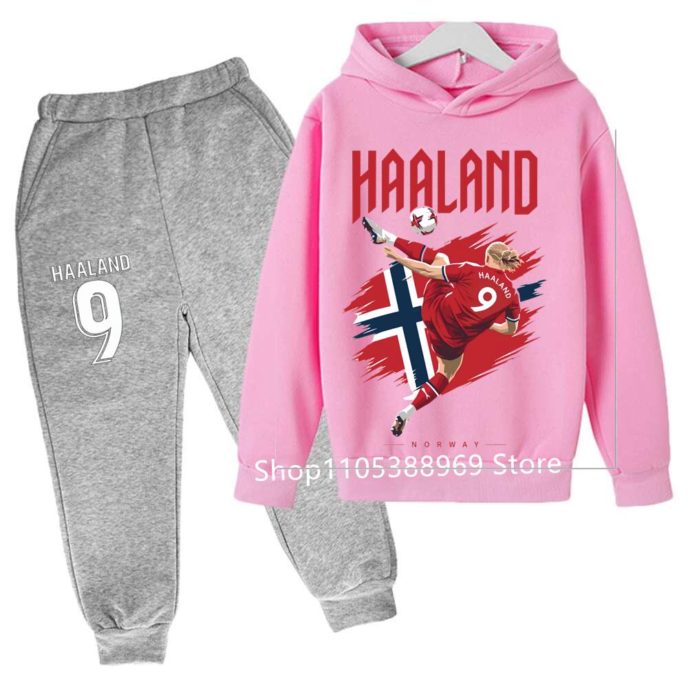 Boys Haaland Cartoon Football Tracksuit 2 Piece Hoodie and Jogger Pants Set Kids Graphic Print Sport Outfit